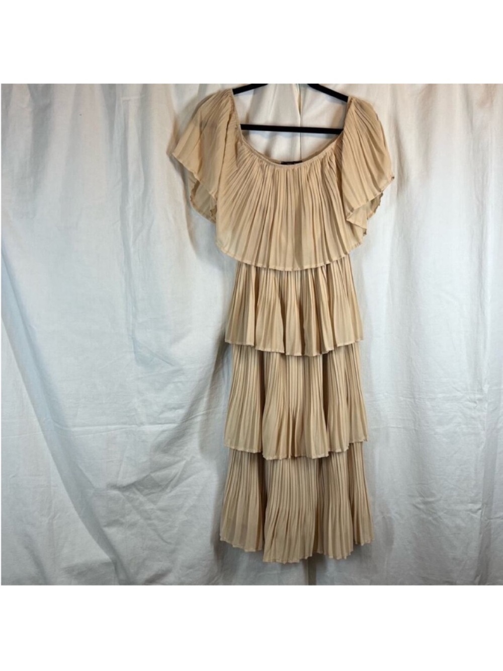 Just Me Pleated Tiered Ruffle off shoulder midi dress Beige